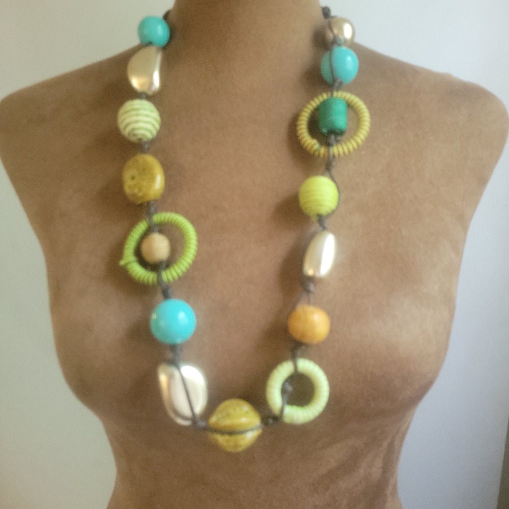Bohemian Mixed Media Chunky Bead Statement Necklace Multi Color 28 Inch Size L